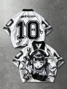 ROMWE MEN Y2K Anime Girl 10 Print Jersey Shirt, Black White Streetwear Button Up Top - Multicolor - View 1
