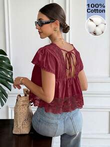 Serisse Women's Casual Solid Color Lace Patchwork Blouse, Summer - Red - View 7