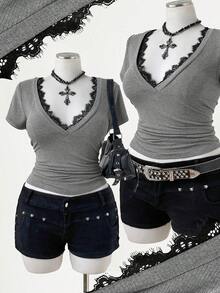 Sunspun Nueva Dulce Vacación, Blusas Elegantes para Salir, Lazo, Blusa de Tela de Punto con Ribete de Encaje Cuello en V Manga Corta, Blusa de Encaje Casual Versátil para Mujeres - Gris - Ver 1