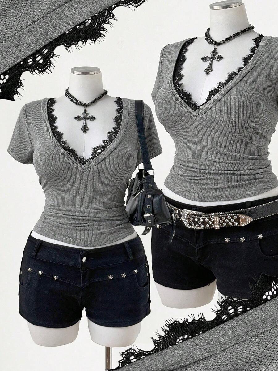 Sunspun Nueva Dulce Vacación, Blusas Elegantes para Salir, Lazo, Blusa de Tela de Punto con Ribete de Encaje Cuello en V Manga Corta, Blusa de Encaje Casual Versátil para Mujeres - Gris - Ver 1