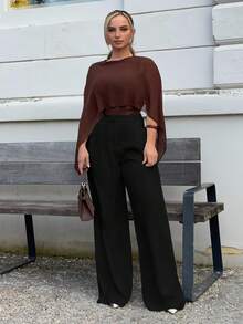 Jeta Ari 女装极简时尚深咖啡超大阔腿裤通勤裤棕色阔腿裤女高腰阔腿裤秋冬棕色西装裤 - 黑色 - 查看 1