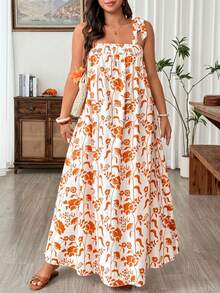 SHEIN Clasi Plus Size Women's Brown Summer Boho Tea Party Holiday Elegant Digital Printing Spaghetti Strap Tie-Up A-Line Midi Dress Vacation Daily - Burnt Orange - View 3