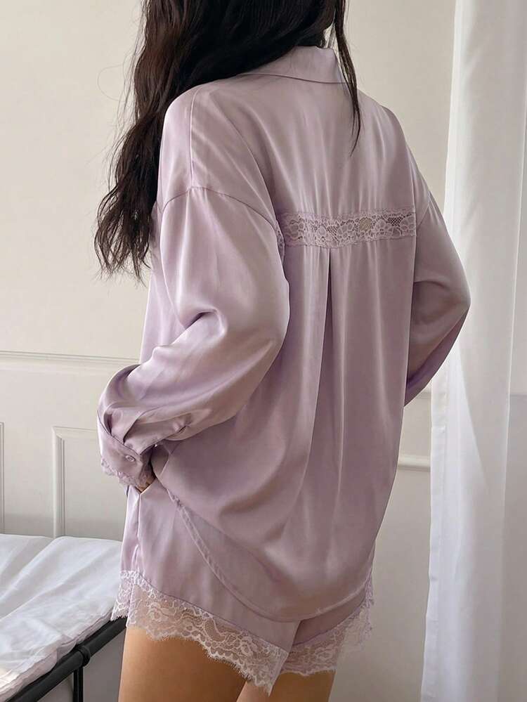 2pcs Women's Sexy Lace & Satin Loose Shirt Top And Super Short Shorts Pajama Set, Summer