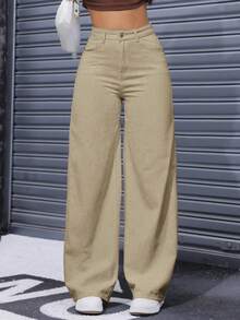 SHEIN ICON 大尺碼女款寬鬆直筒寬腿休閒牛仔褲，夏季卡其色 - 駝色 - 查看 1