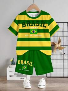 Young Boy Casual T-Shirt Set, Classic Brazilian Soccer Player Graphic Print, Retro Striped Pattern Print, Brazilian Flag Print, Suitable For Soccer Sports, Suitable For Spring And Summer - Multicolor - View 2