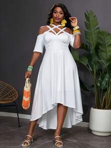 Reflora Plus Size Casual Solid Color Open Shoulder Asymmetric Hem Dress - Multicolor - View 4