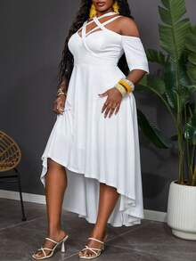 Reflora Plus Size Casual Solid Color Open Shoulder Asymmetric Hem Dress - Multicolor - View 8