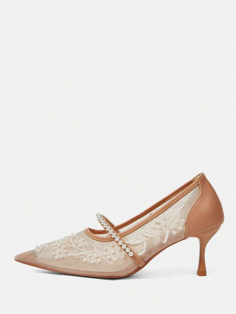 CUCCOO HITCHD Women Shoes Spring And Summer Breathable Mesh Embroidery Pearl Decoration Pointed Head Thin Heel Middle Heel Fairy Wind Light Mouth Solid Color Women's High Heel Single Shoes Banquet Dating Daily Wear Bridesmaid Shoes Wedding Shoes Dress Versatile French Niche Design Temperament