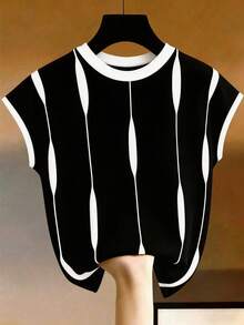 SHEIN Women's Spring/Summer Fashion Colorblock Black And White Striped Sleeveless Top, Round Neck Teardrop Print, Knit Fabric, Casual Modest Everyday Top. - Black - View 1