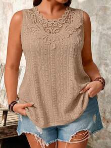 SHEIN LUNE Camiseta sin mangas de mujer talla grande de unicolor con parches de encaje y cuello redondo - Camel - Ver 5