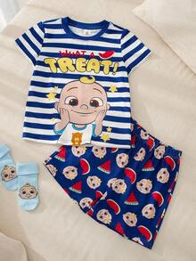 CoComelon X SHEIN 2pcs/Set Young Boys Striped Letter Print Contrast Color Short Sleeve Top And Watermelon Print Shorts Pajama Set - Blue - View 1