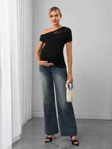 SHEIN Sexy Asymmetric Neck Lace Patchwork Fitted Maternity T-Shirt, Stretchy Slimming Undershirt Babyshower Summer Photoshoot - Black - View 5