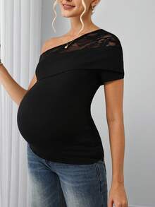 SHEIN Sexy Asymmetric Neck Lace Patchwork Fitted Maternity T-Shirt, Stretchy Slimming Undershirt Babyshower Summer Photoshoot - Black - View 6