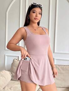 Solflare Lotus Root Pink Plus Size Sleeveless Dress With Pockets, Solid Color Jumpsuit - Dusty Pink - View 5