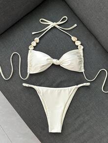 Elavelle Solid Color Halter Twist Front Bikini Set, Spa Resort Swimwear For Women - White - View 3