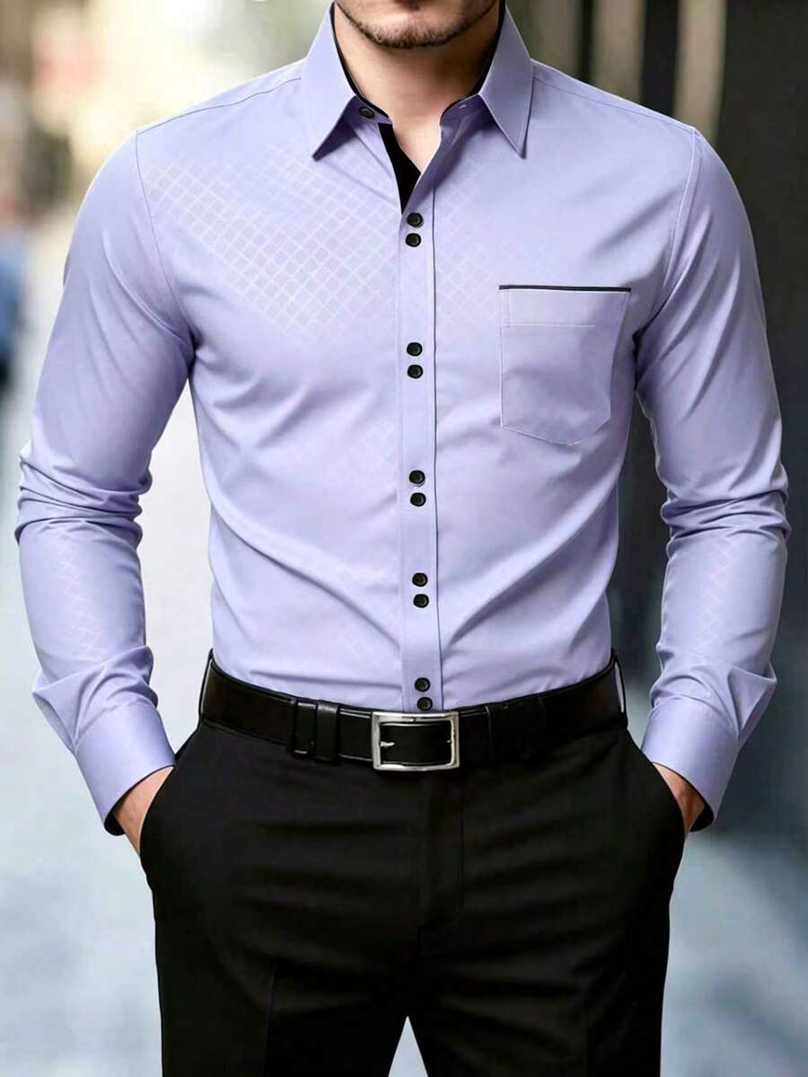 Manfinity Mode Men's Spring/Autumn Casual Daily Workwear Versatile Fine Plaid Pattern Long Sleeve Shirt, Formal - Mauve Purple - View 1