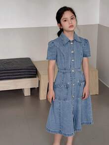 DAZY Girls' Denim Dress With Collar, Single-Breasted, Waist Cinched (Plus Size) - Blue - View 4