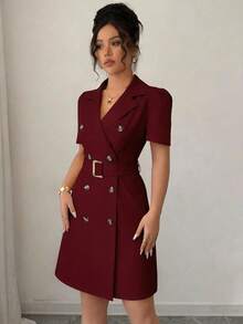 SHEIN Raffinéa Collared Tie-Waist Double-Breasted Puff Sleeve Dress - Burgundy - View 5