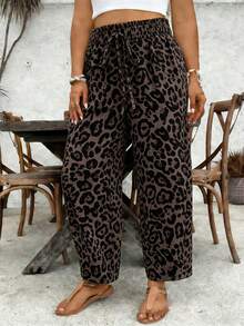 SHEIN VCAY Plus Size Drawstring Waist Loose Leopard Print Paper Bag Pants - Multicolor - View 1