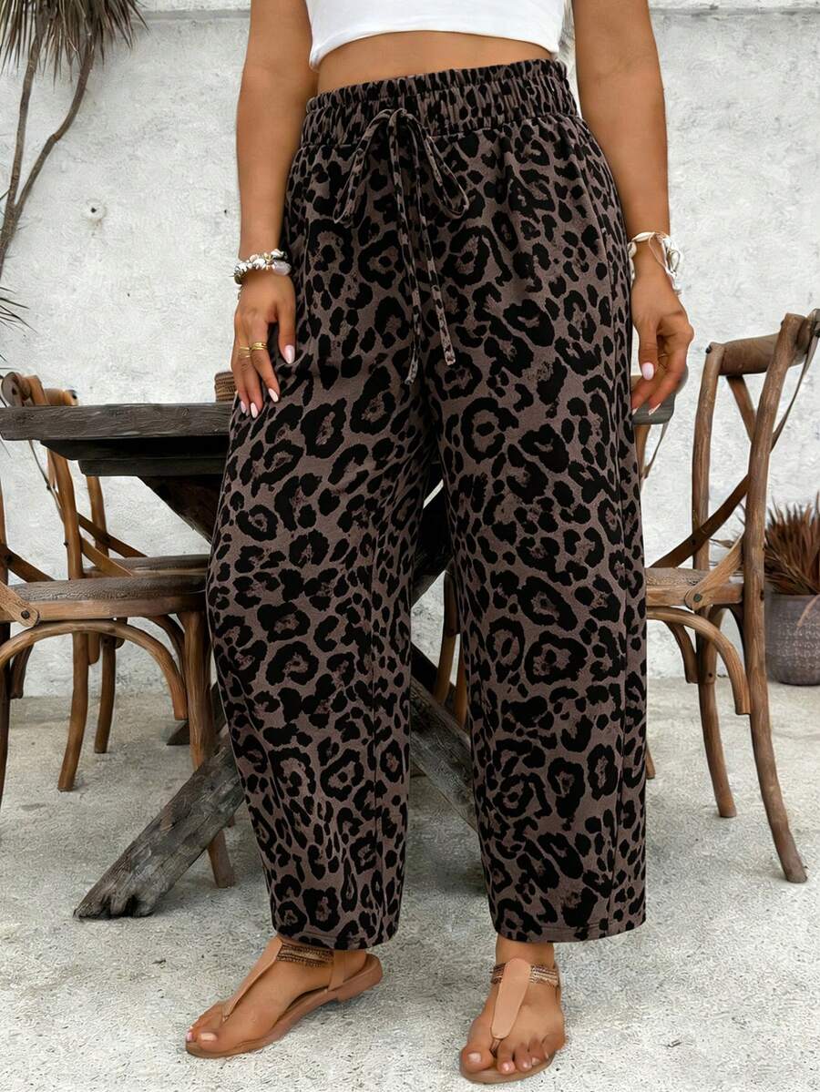 SHEIN VCAY Plus Size Drawstring Waist Loose Leopard Print Paper Bag Pants - Multicolor - View 1