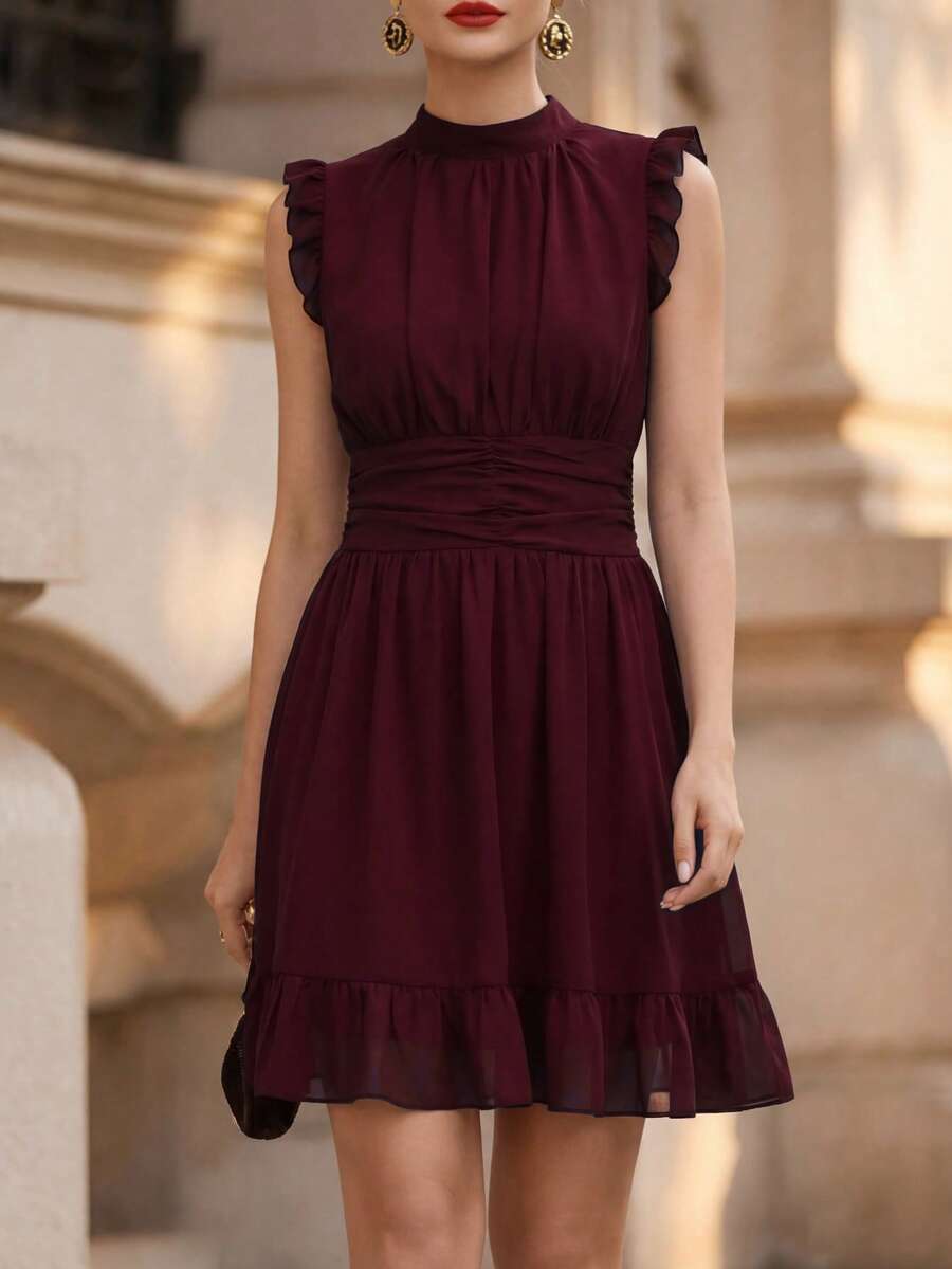 SHEIN Clasi CURVE 荷葉邊飾無袖冰淇淋印花修身腰大尺碼洋裝 - 酒紅色 - 查看 1