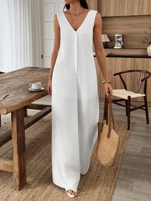 EMERY ROSE White Cotton-Linen Sleeveless V-Neck Loose Wide-Leg Jumpsuit, Casual Resort, Summer Workwear, Pastoral Style - White - View 6