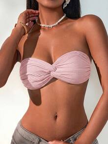 Swim Mod Women's Solid Color Twist Bandeau Swimwear Top - Pink - View 3