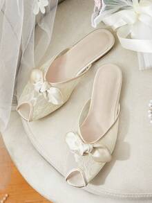 CUCCOO HITCHD French Lace Sandals Women's Summer Wear Bow Peep Toe Mules Shoes Gentle Sandals - Champagne - View 1