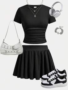 SHEIN Girlism 2件/套夏季青少年女孩修身T恤與迷你裙套裝，黑色純色短袖T恤與防走光迷你裙套裝，百搭日常、優雅、派對、約會、家庭聚會、畢業、度假穿搭 - 黑色 - 查看 2