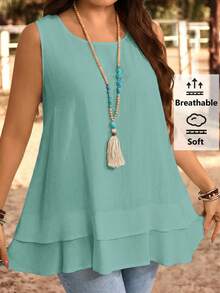 Rusticease Áo camisole thời trang cổ tròn xếp tầng viền bèo nhún màu trơn dành cho nữ cỡ lớn - Màu xanh bạc hà - Xem 3
