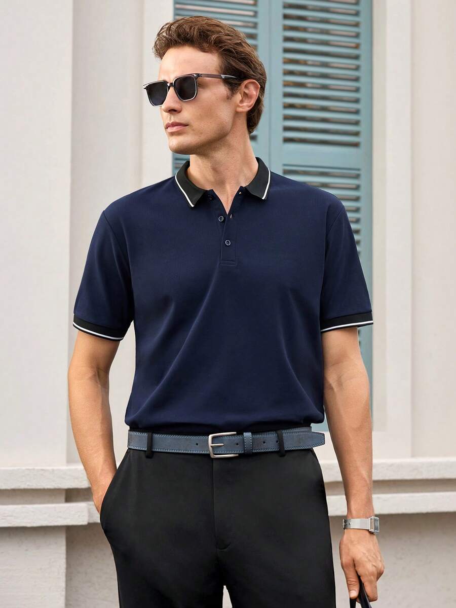Officeau Chemise polo d'été décontractée rafraîchissante pour hommes, idéale pour les vacances et les affaires - Bleu marine - Voir 1