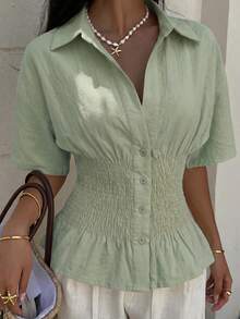 SHEIN EZwear Mint Green Woven Button-Down Short Sleeve Shirt For Women,Summer Top - Mint Green - View 7