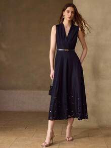 MOTF PREMIUM ELEGANT COMMUTER V-NECK SLIM WAIST DRESS WITH HEAVY EMBROIDERY, PEARL & RHINESTONE DECOR, HOLLOW-OUT, NAVY BLUE, SLEEVELESS, SUITABLE FOR AUTUMN/WINTER - Navy Blue - View 4