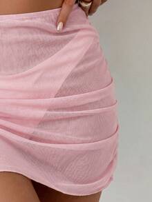 Swim Chiccia Vacation Beach Solid Color Sheer Mesh Cover-Up & Skirt Set - Pink - View 4