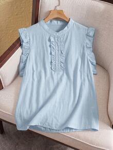 Rusticease Plus Size Women Solid Color Button Design Frill Trim Casual Elegant Blouse Formal Hiking Light Blue Summer Teachers' Day Office Evening - Blue - View 7
