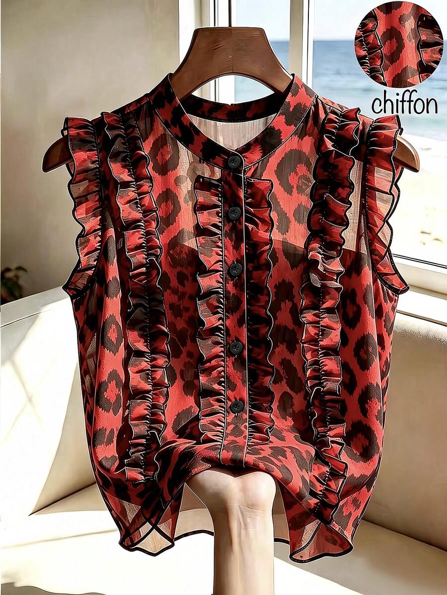 SHEIN Franclia Casual Leopard Print Ruffle Hem Sleeveless Shirt, Summer - Burnt Orange - View 1