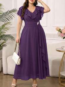 SHEIN Clasi Plus Size Women's Solid Color Ruffle V-Neck Elegant Dress - Purple - View 11