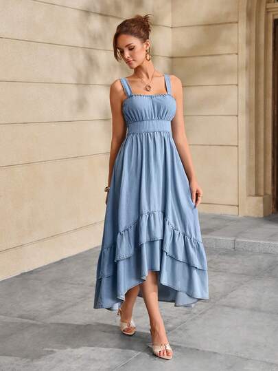 Selenza Women's Layered Ruffle Hem Spaghetti Strap Denim Dress
