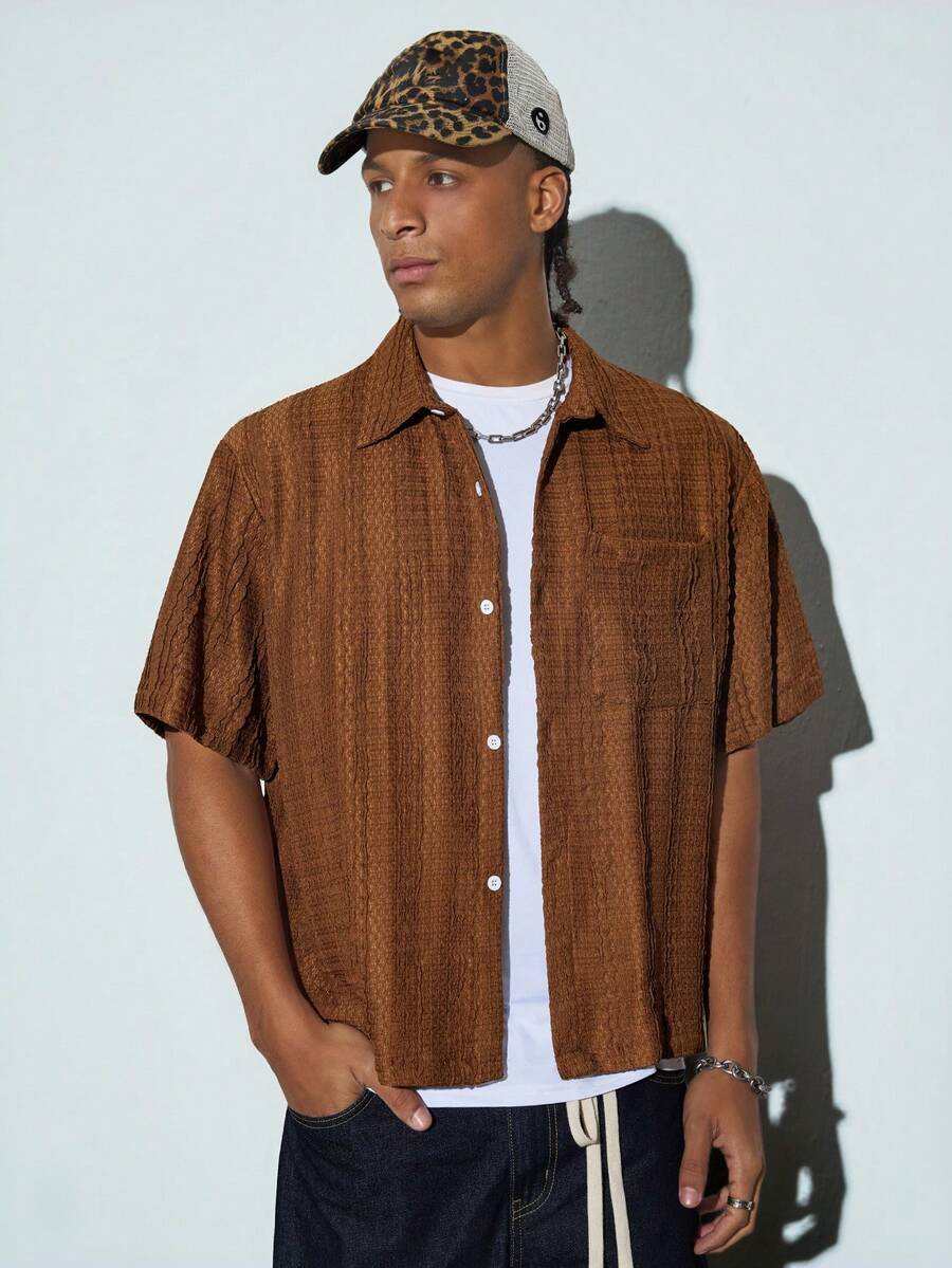 Modcrash Men's & Teenage Boys' Textured Short Sleeve Shirt, Boxy Cut Loose Casual Top, Versatile Summer Shirt - Coffee Brown - View 1