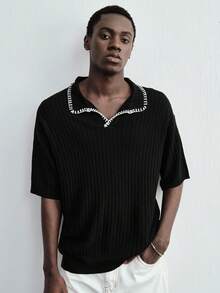 ROMWE MEN Men's Cable Knit Polo Shirt - Black - View 4