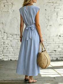 SHEIN Holidaya Women's Striped Round Neck Waist Twist Design Casual Dress - Blue - View 2