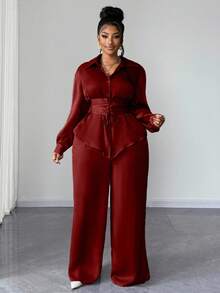 Maweii Plus Size Bowknot Waist Tie Shirt With Wide Leg Pants Two Pieces Set, Elegant Ladies Suit - Burgundy - View 3