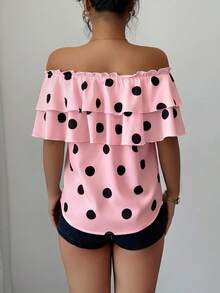Elenzga Women's Sweet French Polka Dot Print Layered Ruffle Off-Shoulder Blouse - Pink - View 2