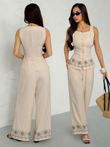 SHEIN PETITE Bộ đồ nữ in hoa một hàng cúc và quần dài, kiểu dáng thường ngày mùa hè, thiết kế thêu hoa giả, áo không tay phối họa tiết tương phản + quần ống rộng cạp cao, màu be, bộ đồ mùa hè, bộ đồ vải lanh, bộ đồ phong cách Boho, bộ đồ thường ngày tôn dáng, trang phục nghỉ hè, trang phục đi nghỉ mát cho nữ, trang phục mùa hè cho nữ, từ xuân đến hè. - Màu be - Xem 8