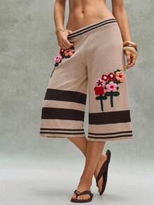 Bohemela Women's 3D Floral Decor Elastic Waist Capri Knit Pants - Multicolor - View 2