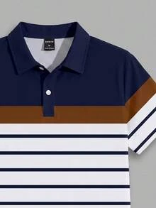 Solurane Minimalist Color Block Striped Patchwork Fashion Casual Print Men's Standard Fit Short Sleeve Polo Shirt, Essential Outfit For Dates And Gatherings, Suitable For Couples, Gift For Boyfriend - Navy Blue - View 4