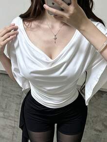Coolane Women's White Elegant Basic Sexy Summer Knitted Stretch Bell Sleeve Slim Waist T-Shirt,Versatile 3-Way Wear Tee For Night Out,Party,Vacation - White - View 2