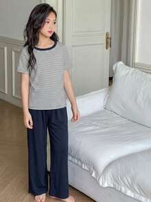 DAZY Striped Top + Straight Leg Pants 2pcs Set, Casual Homewear For Big Tween Girls Summer - Navy Blue - View 3