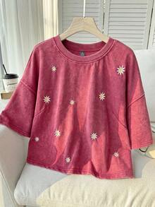 Comfortcana Plus Size Cotton Washed Snow Flake Short Sleeve T-Shirt, Spring - Red - View 6