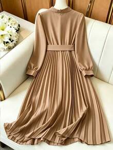 GlowEve 1pc Rivets Decorated Hem Pleated Commuter Dress For Women, Long Sleeve Maxi Women Outfit - Khaki - View 2